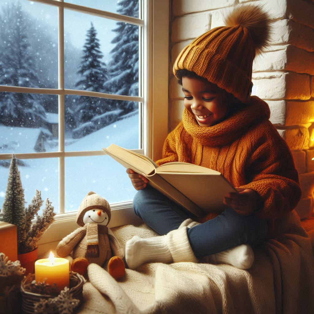 a warm, happy black child sat on a cosy window sill reading a book with a wintery scene outside