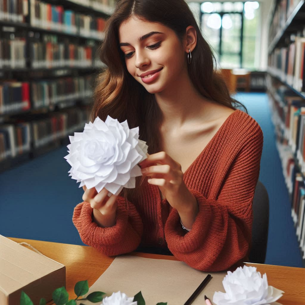 a young woman sat in a library producing a tissue paper flower