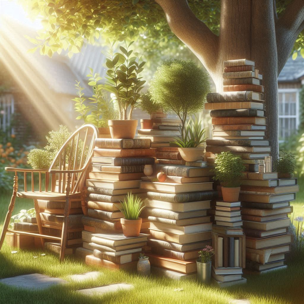 Plants and Books Outside in the sun